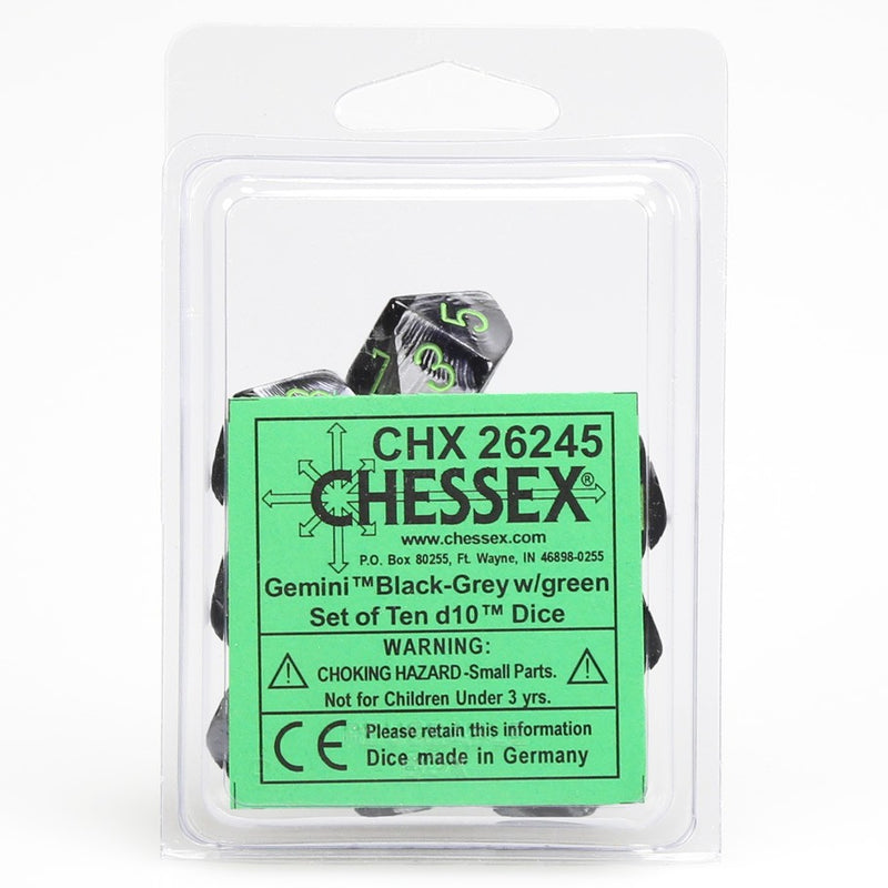 Chessex Gemini Black-Grey/Green D10 Dice - Set of 10