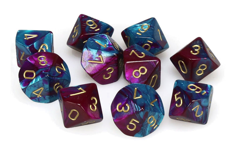 Chessex Dice Sets: Gemini Purple & Teal with Gold - Ten Sided Die d10 Set
