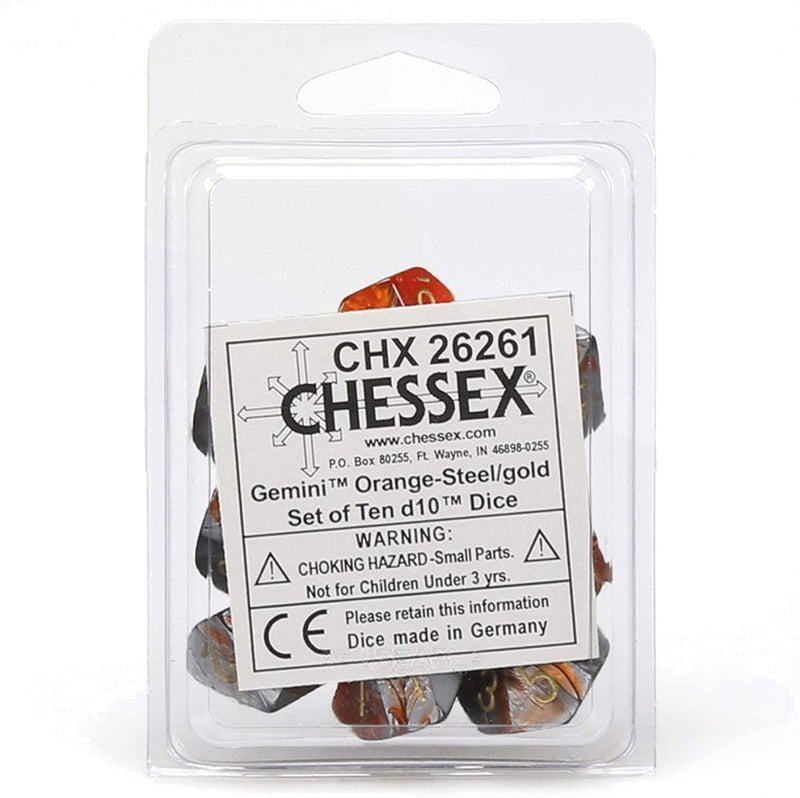 Chessex Gemini Orange-Steel/gold Set of Ten d10 Dice