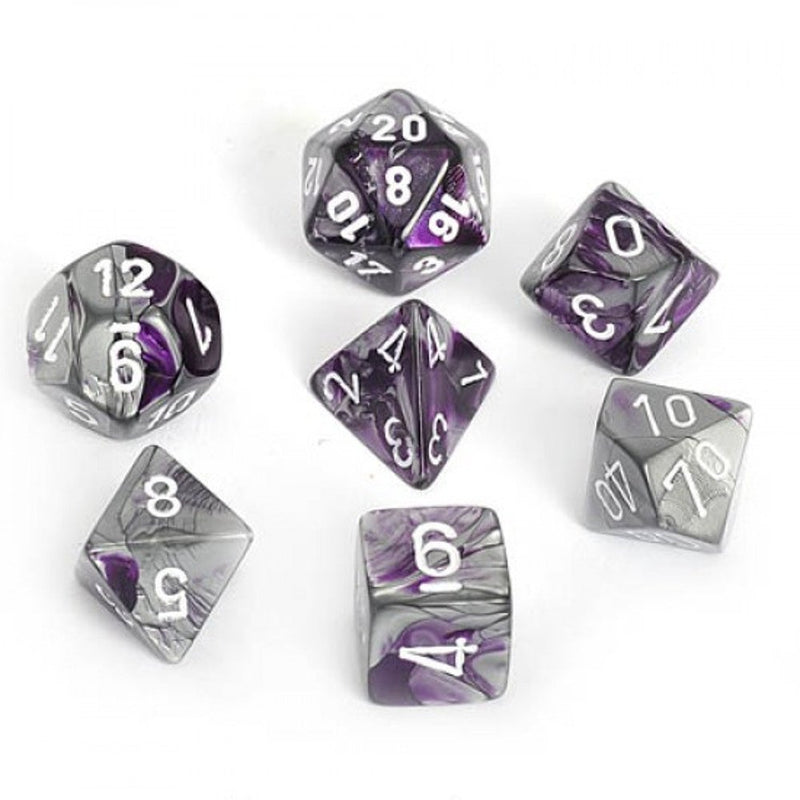 Polyhedral 7-Die Gemini Dice Set - Purple-Steel with White