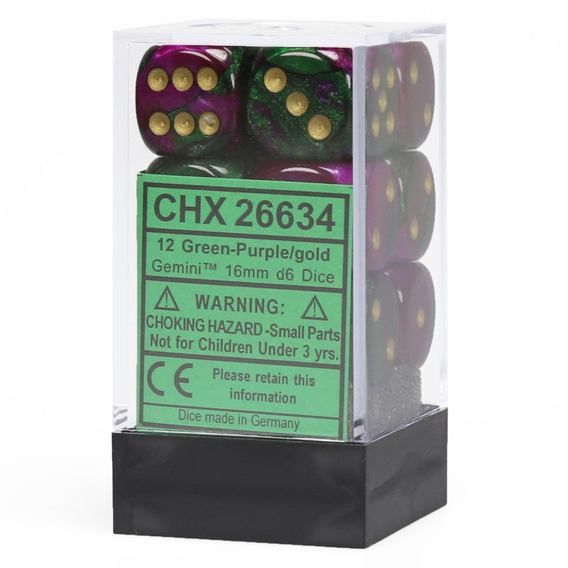 Chessex Gemini Green-Purple/White 16mm Dice Block (12)
