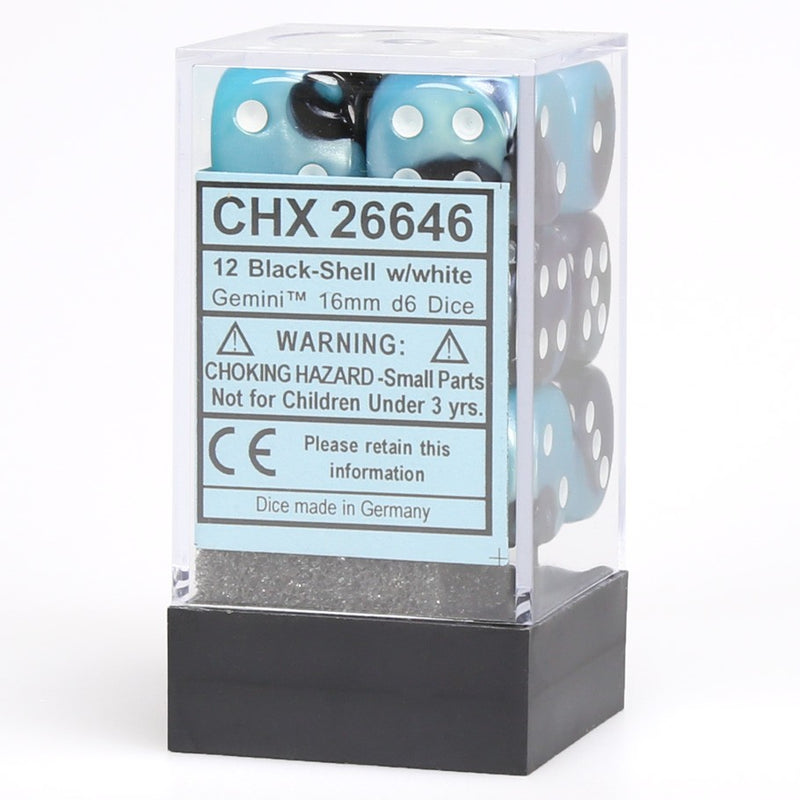 Chessex Gemini Black-Shell/White 16mm D6 Dice Block (12)