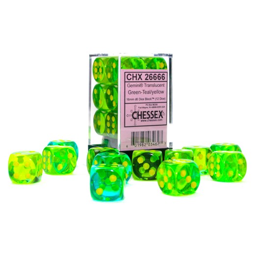 Chessex Gemini Translucent Green-Teal/yellow 16mm d6 Dice Block (12 dice)