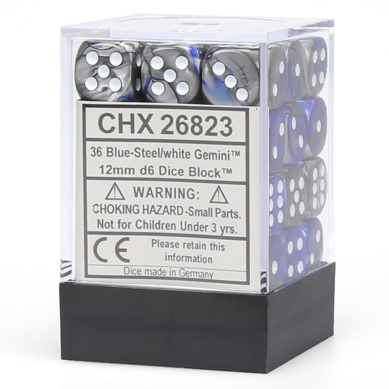 Chessex Gemini Blue-Steel/white 12mm d6 Dice Block (36)