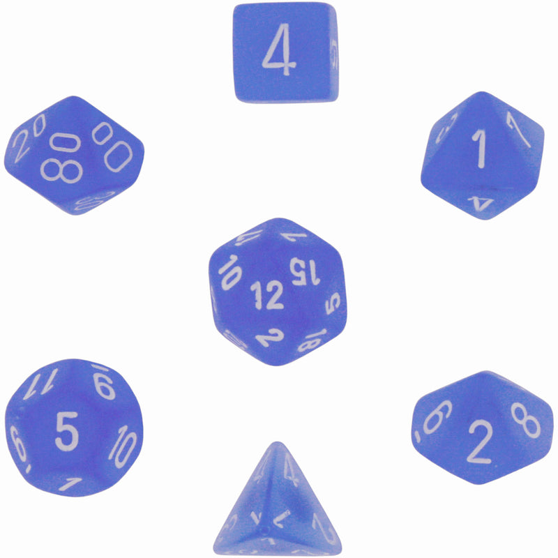 Polyhedral 7-Die Frosted Dice Set - Blue with White
