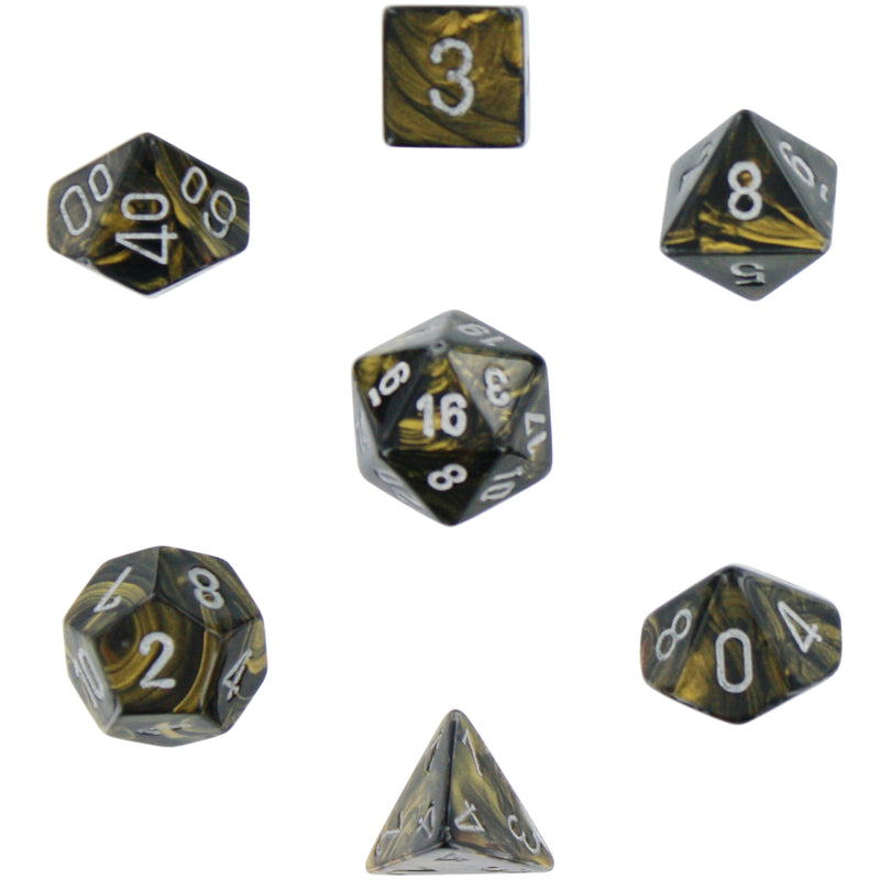 Polyhedral 7-Die Leaf Dice Set - Black Gold with Silver