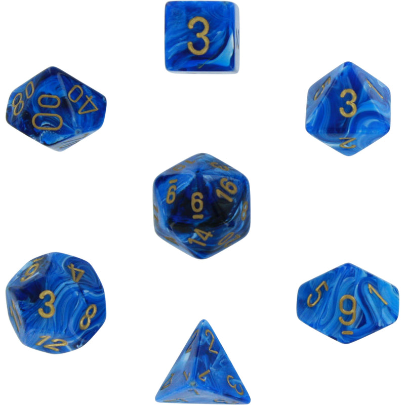 Polyhedral 7-Die Vortex Dice Set - Blue with Gold