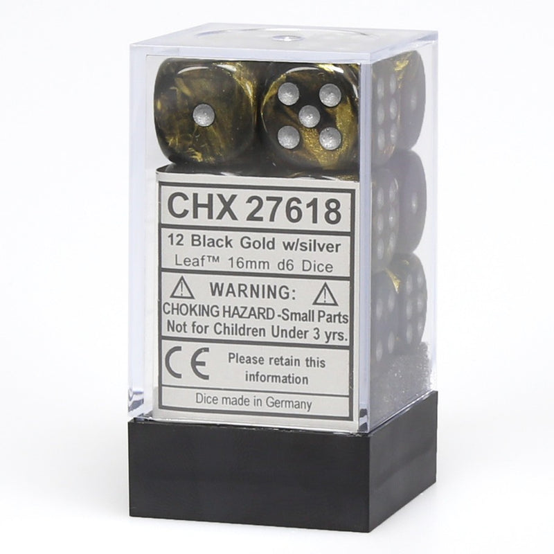 Chessex Leaf Black Gold/silver 16mm d6 Dice Block (12 Dice)
