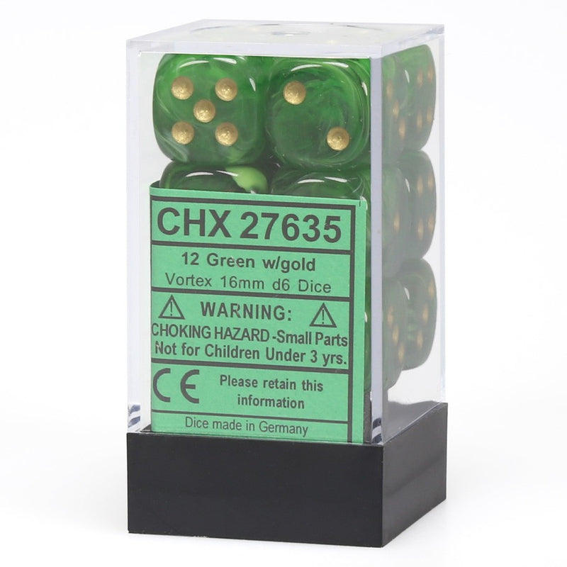 Chessex Vortex Green/gold 16mm d6 Dice Block (12)