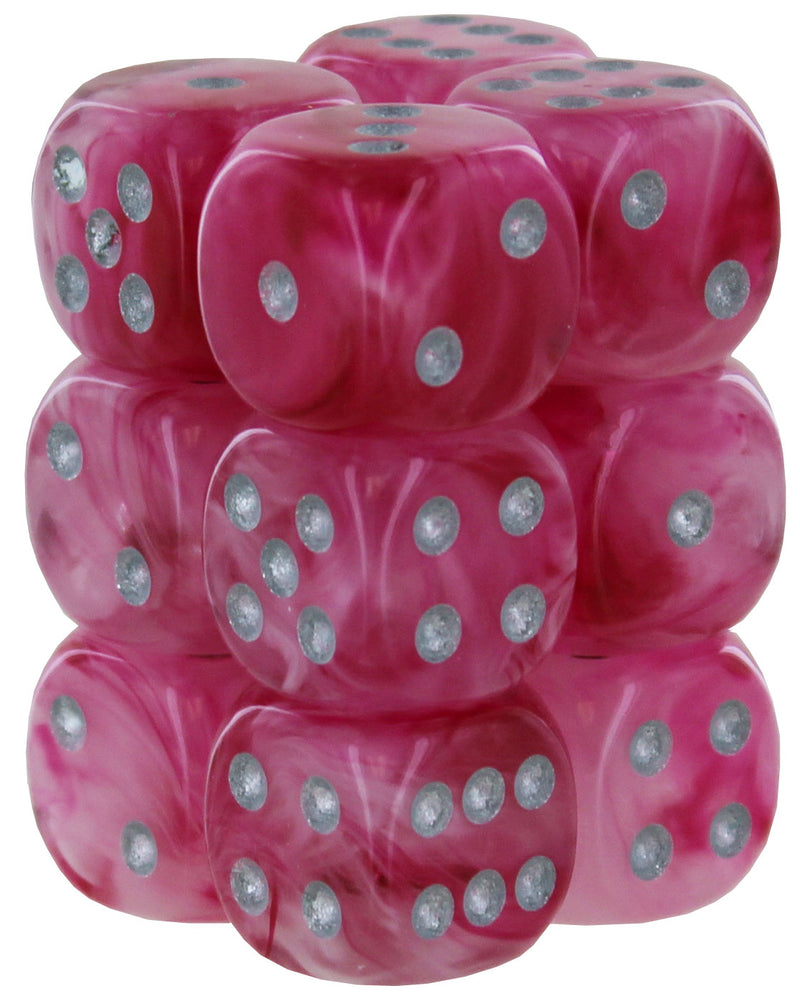 Chessex Ghostly Glow Pink/silver 16mm d6 Dice Block (12 Dice)