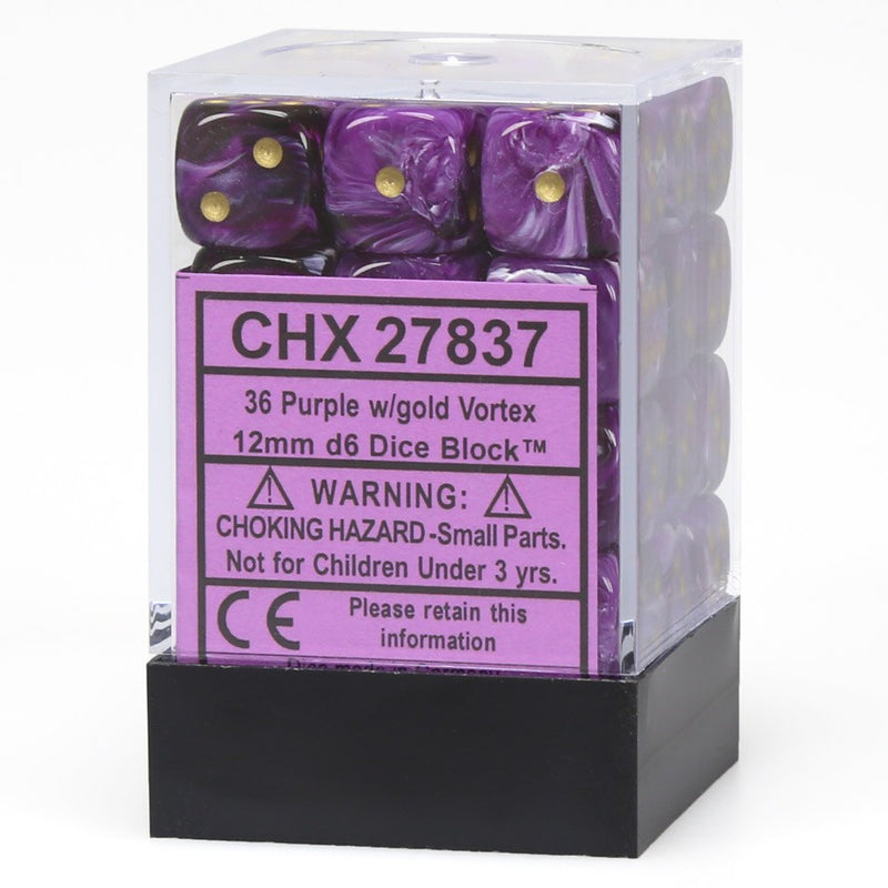 Chessex Vortex Purple/Gold 12mm D6 Dice Block (36)