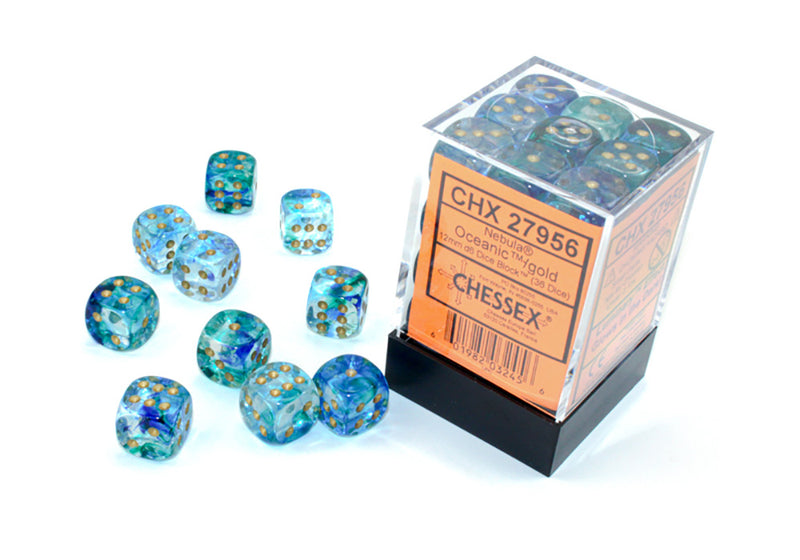 Chessex Nebula Oceanic/gold 12mm d6 Dice Block (36 Dice)