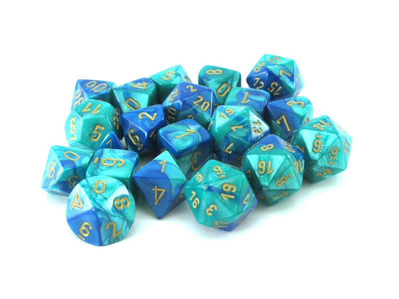 Chessex Bag of 20 Blue-Teal w/gold Gemini Polyheral Dice
