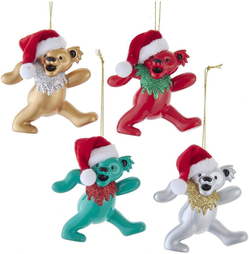 Grateful Dead Bears With Santa Hat Ornaments, 4 Assorted