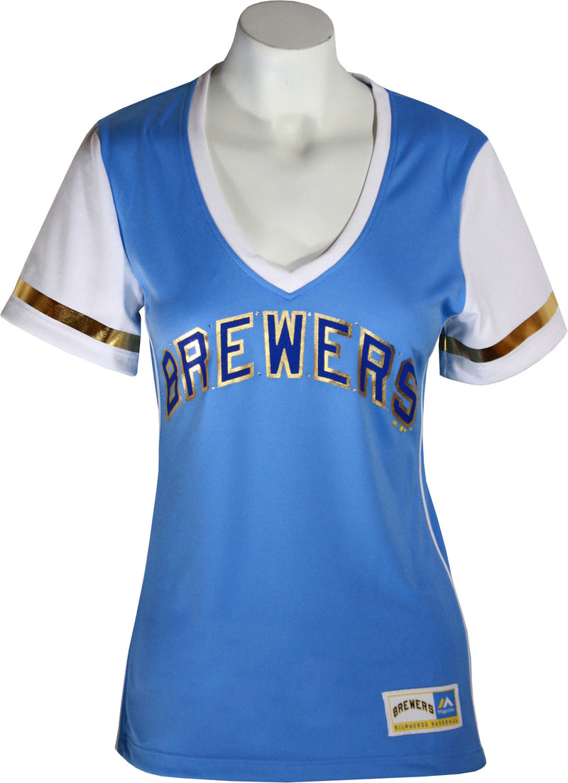 Milwaukee Brewers Coop Curveball Babe Women's Coastal Blue T-Shirt