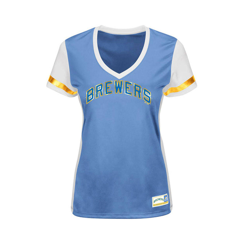 Milwaukee Brewers Coop Curveball Babe Women's Coastal Blue T-Shirt