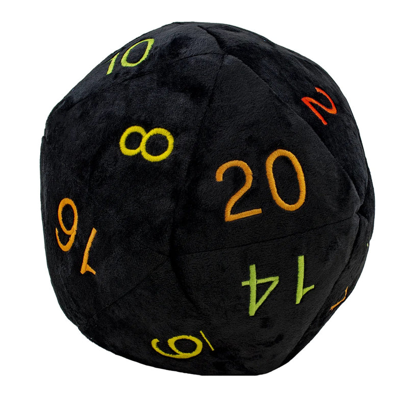 Jumbo D20 Novelty Dice Plush in Black with Rainbow Numbering